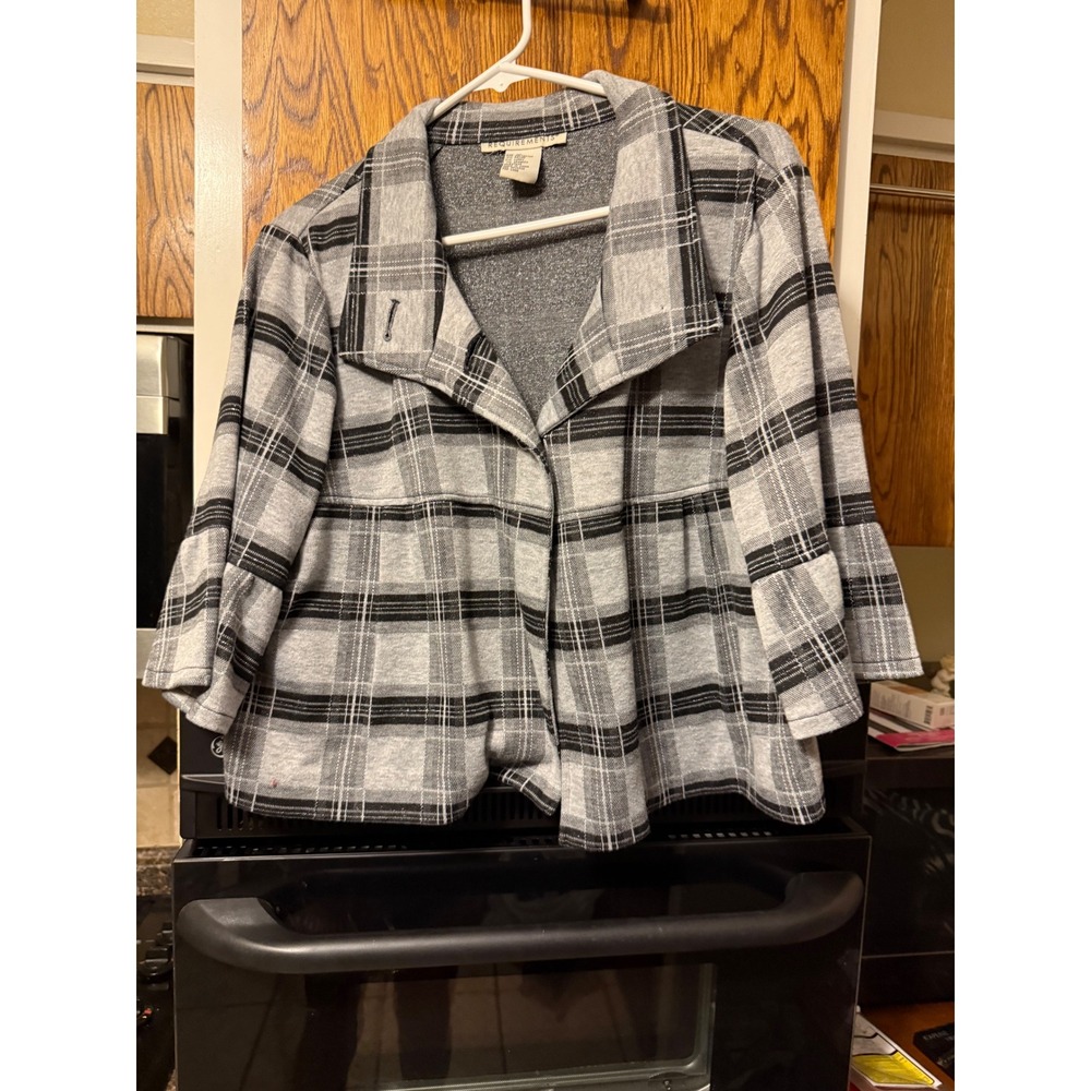Requirements Womens XL Plaid Swing Jacket Grey Black Metallic Lurex Peplum Back